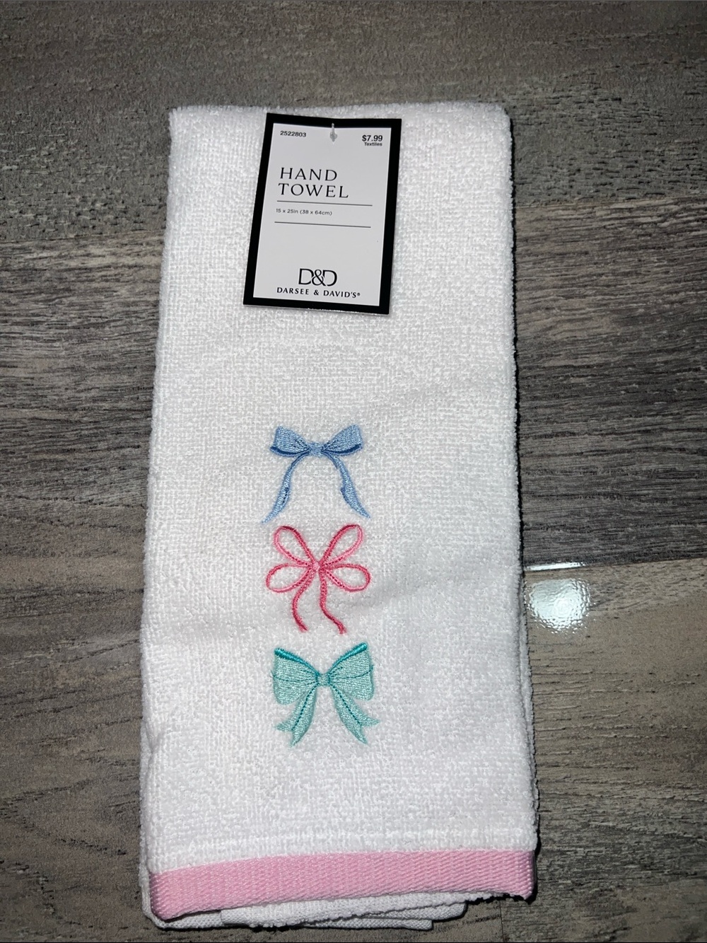 D&D White  Hand Towel with Pink, Blue & Green Bows